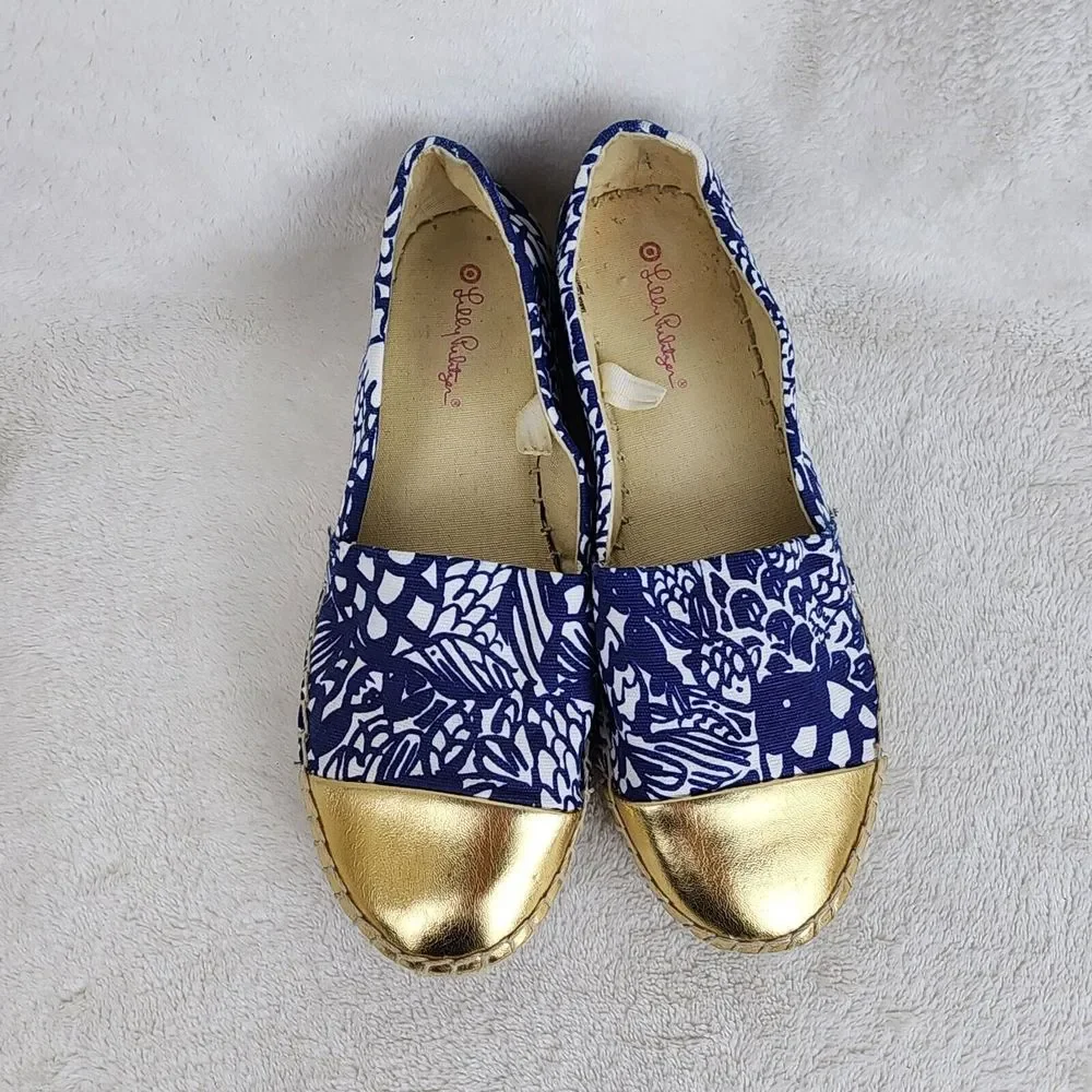 Lily Pulitzer Womens Blue White Floral Canvas Gold Toe Espadrill Slip On Flats 6